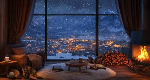 Winter Cabin Ambiance with Snowfall and Fireplace | Atmospheric Hum and Crackling Fire