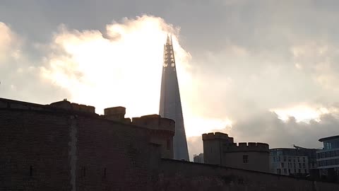 The Shard seen from Tower of London as the sun sets