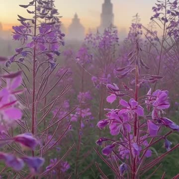 A foggy morning in the field of Ivan tea