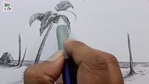 How to draw beach with palm trees seagulls birds and boats on shore | Seascape art