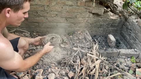 Primitive Technology: brick hut destroyed by falling tree