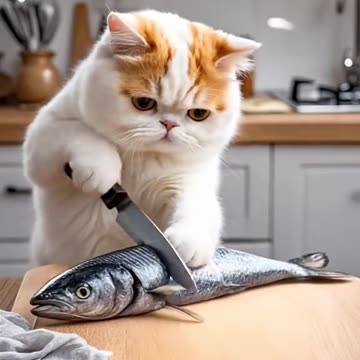 Cute cat cooking amazing fish