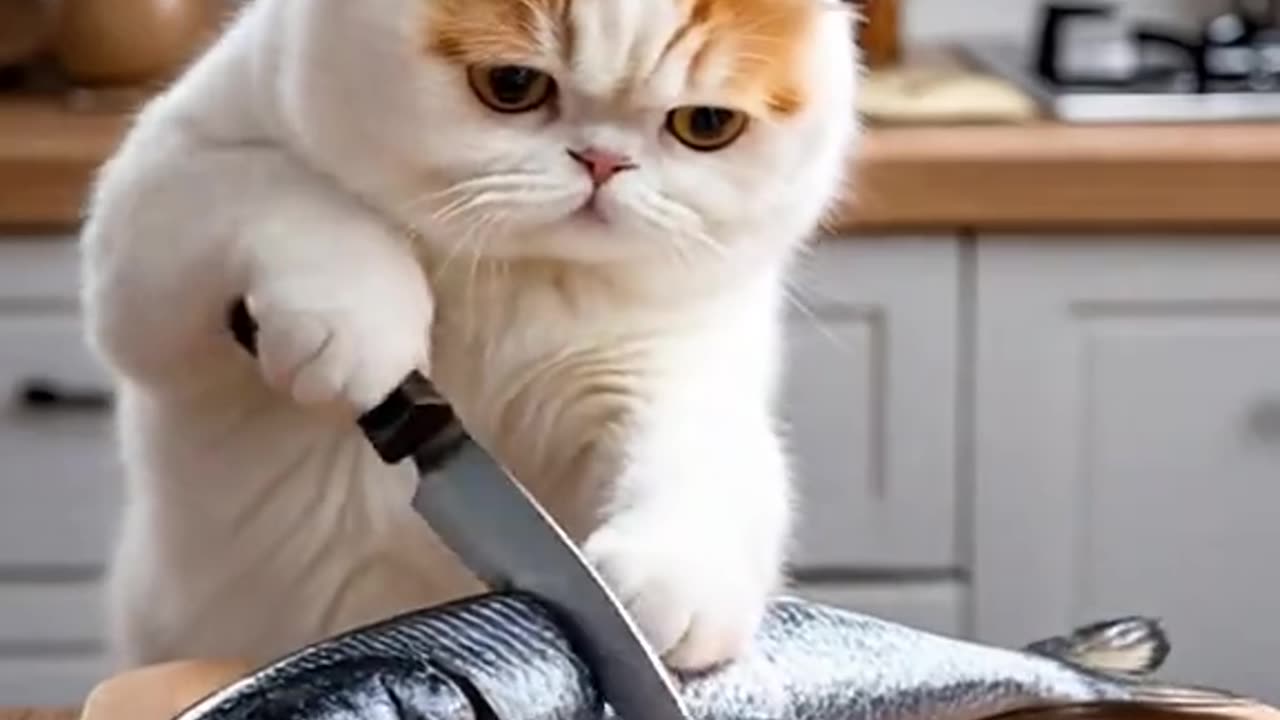 Cute cat cooking amazing fish