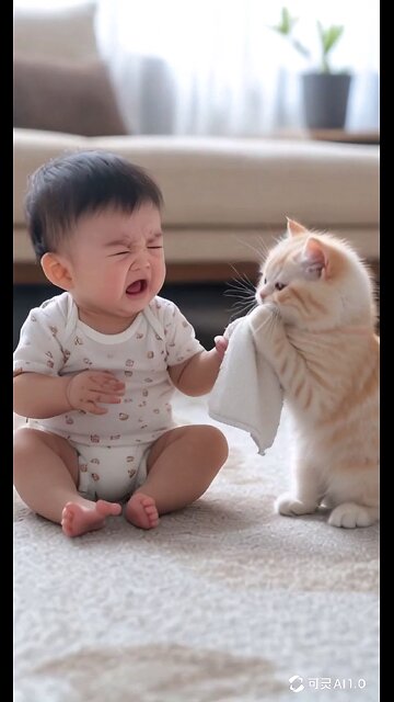 cat consoles a wearing kid | kid's crying with a cat 😺| cat and baby being the friends