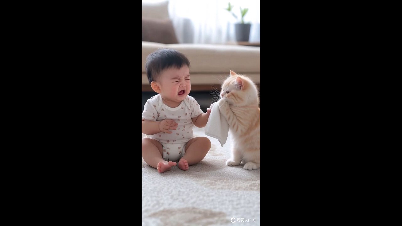 cat consoles a wearing kid | kid's crying with a cat 😺| cat and baby being the friends