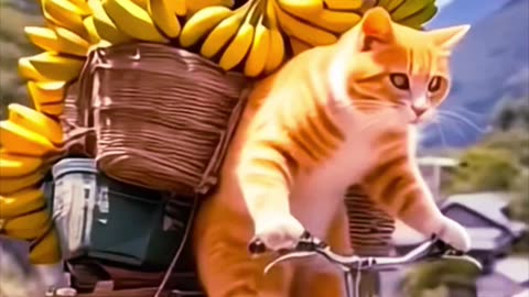 Look brother the cat is carrying a banana on a bicycle