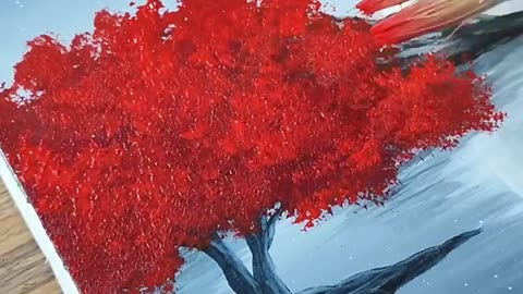 Red Tree | Black & White Painting | Full Moon Acrylic Paintpaintingtechni