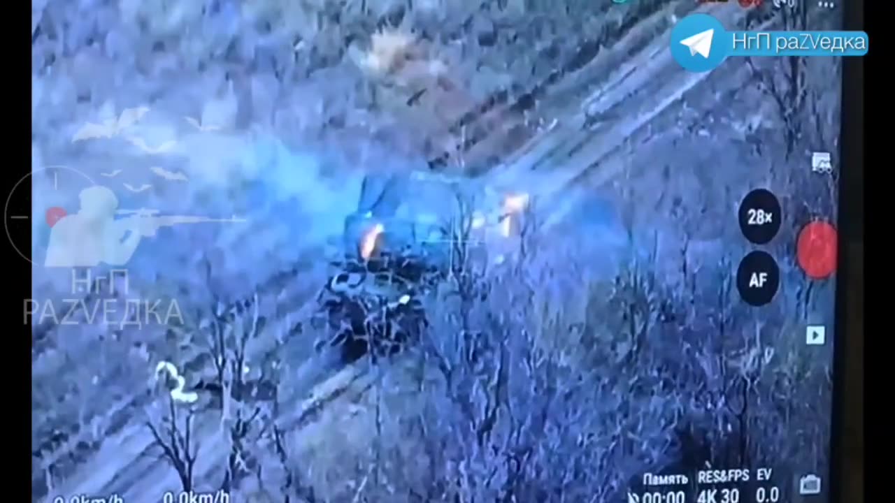 A Russian FPV drone hit a Ukrainian armored vehicle. The crew escaped from the burning vehicle