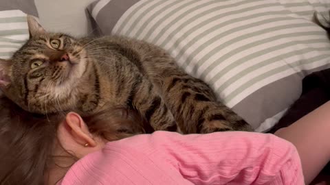 Cat Cuddles In Children's Bed