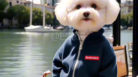 "The furry kid standing by the seaside looks so stylish; Want to go out to sea too?"