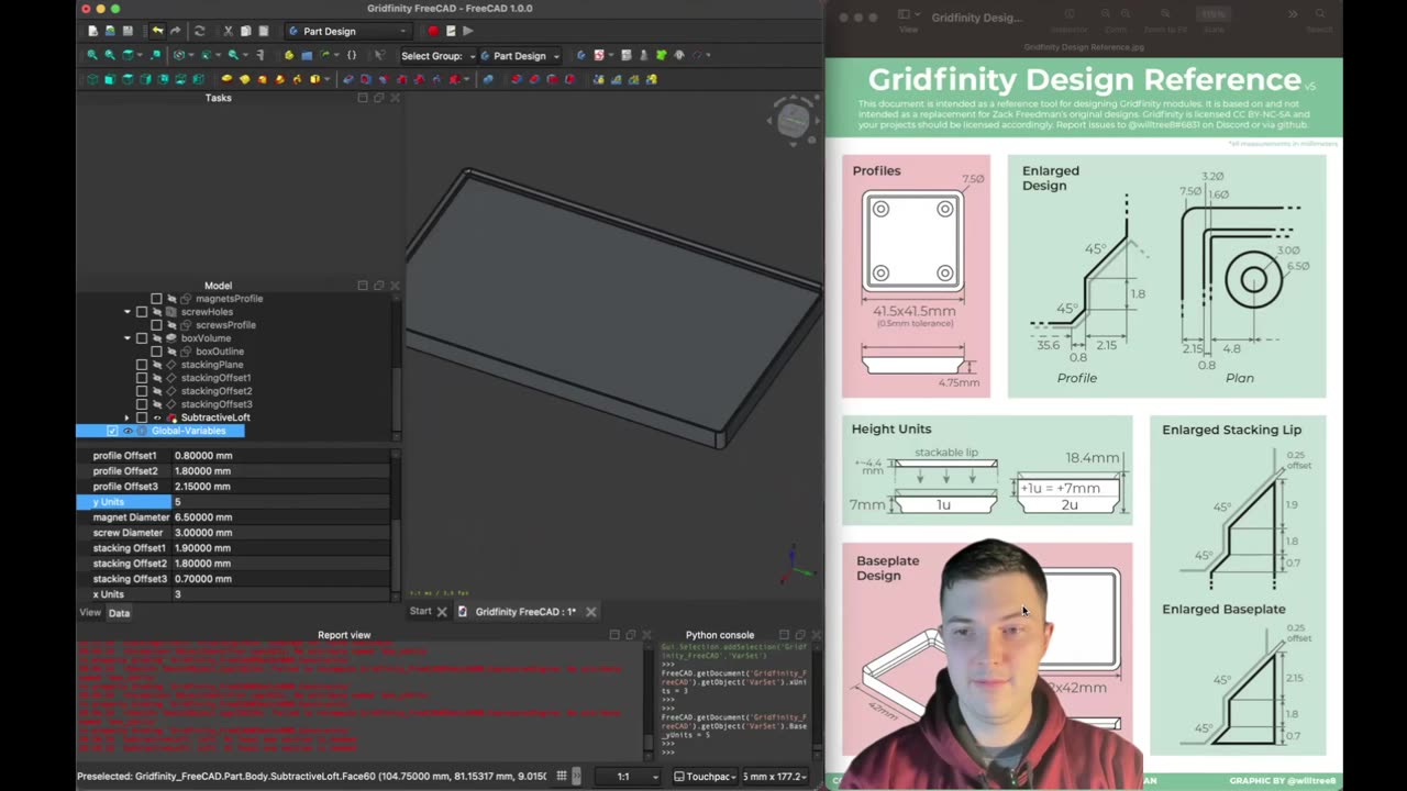 Gridfinity FreeCAD Tutorial: Part 6 - A Fully Parametric Subtractive Loft referencing Variables