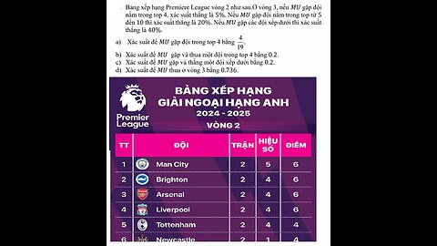 Toán 12: Bảng xếp hạng Premiere League vòng 2 như sau.Ở vòng 3, nếu MU gặp đội nằm trong top 4