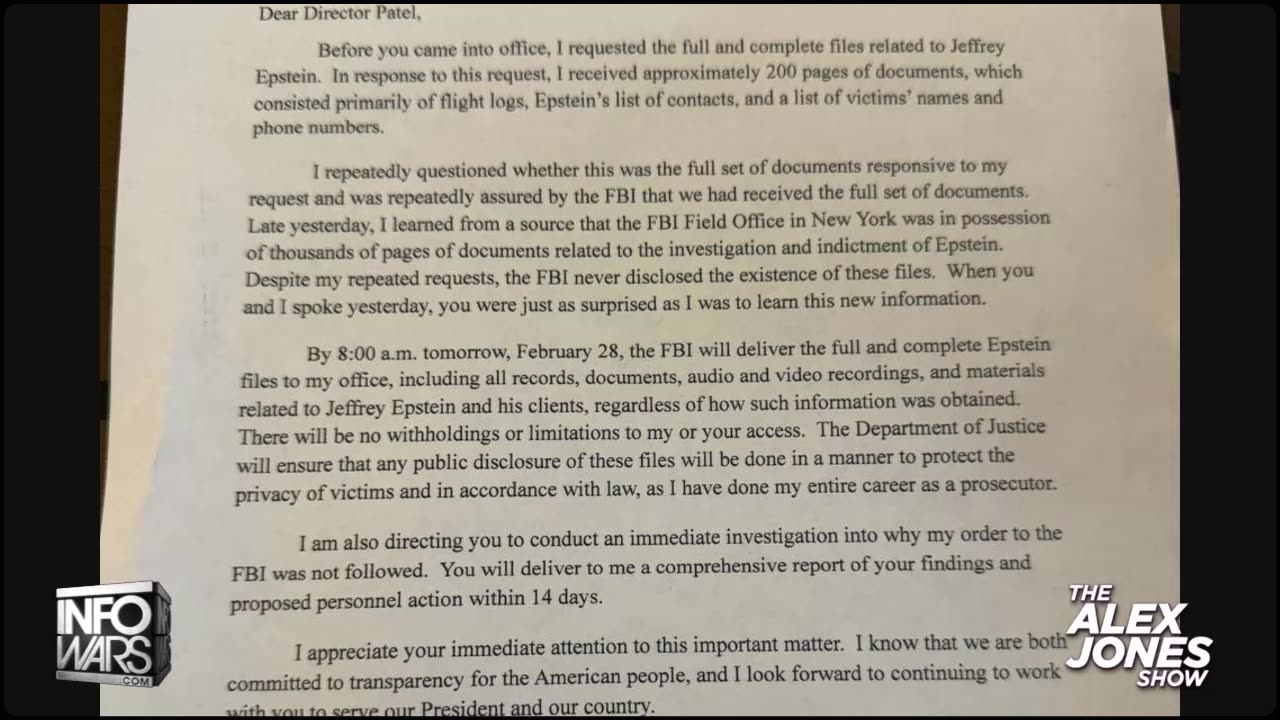 AG Pam Bondi Has Ordered FBI Director Kash Patel To Hand Over ALL Epstein Documents