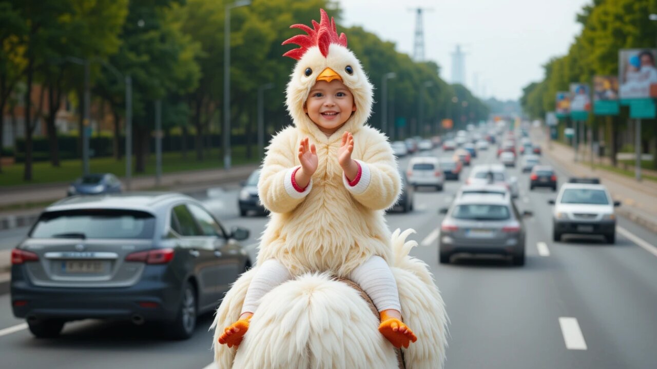 Riding a Giant Chicken: The Cutest Traffic Jam Ever