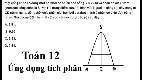 Một cổng chào có dạng một parabol có chiều cao bằng SI = 22 m và chân đế AB = 12 m