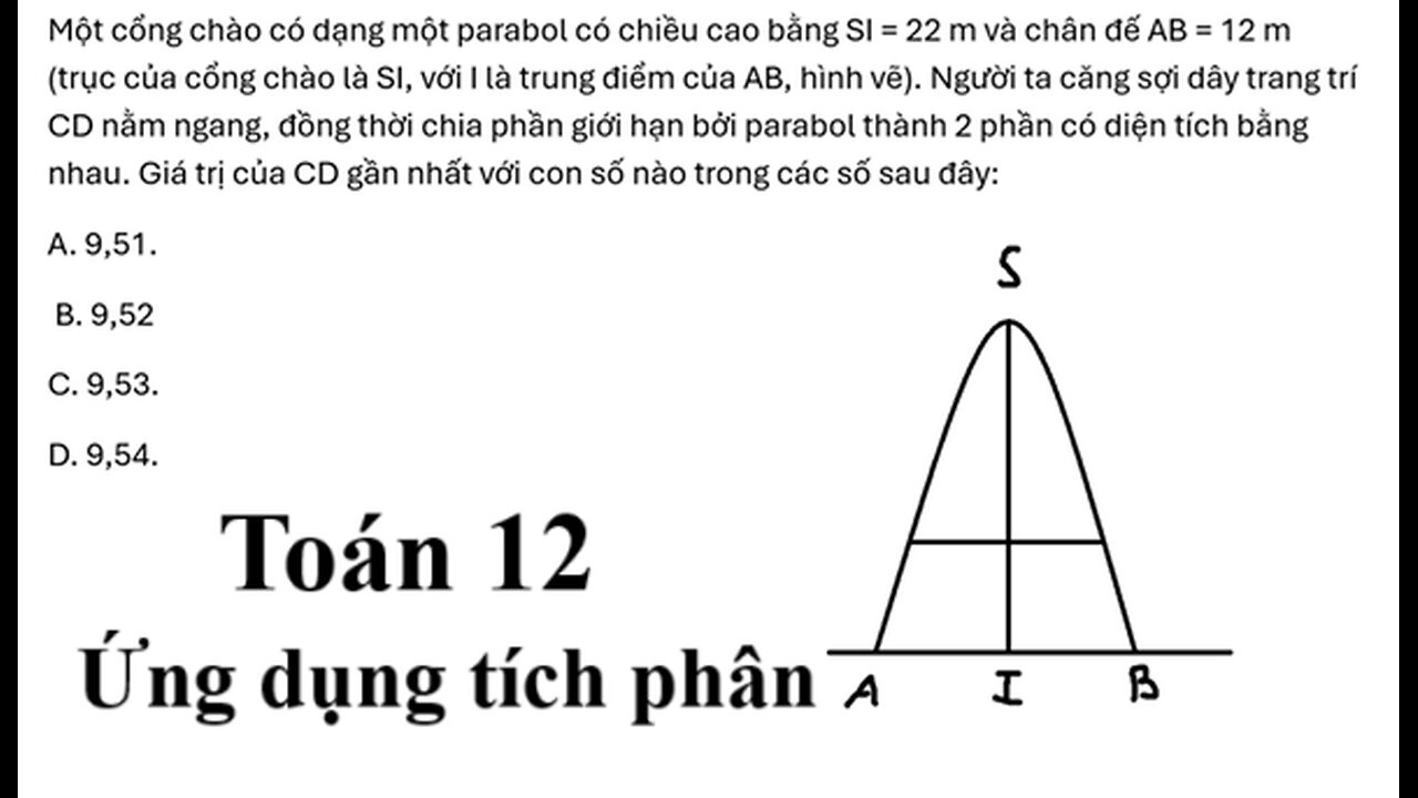 Một cổng chào có dạng một parabol có chiều cao bằng SI = 22 m và chân đế AB = 12 m