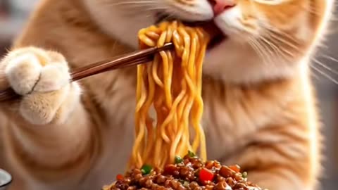 This cute cat likes to eat noodles