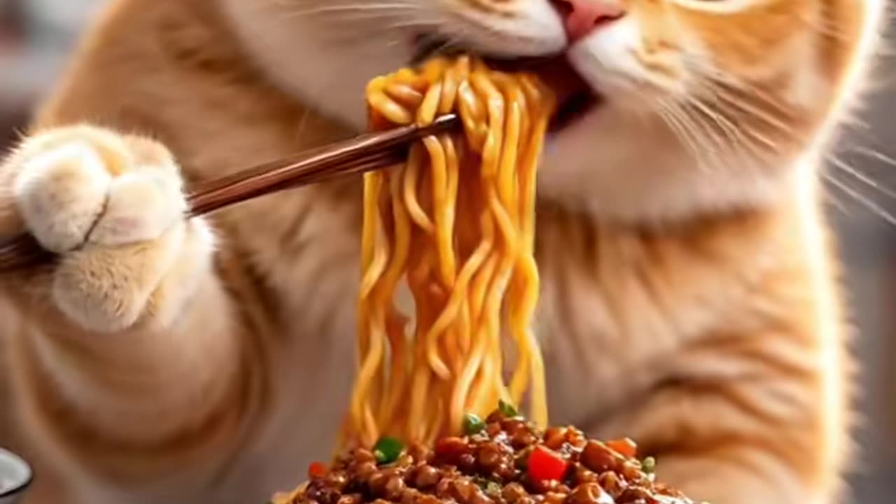 This cute cat likes to eat noodles