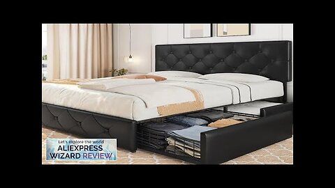 Upholstered Bed Frame with 4 Drawers and Adjustable Headboard Faux Leather Platform Review