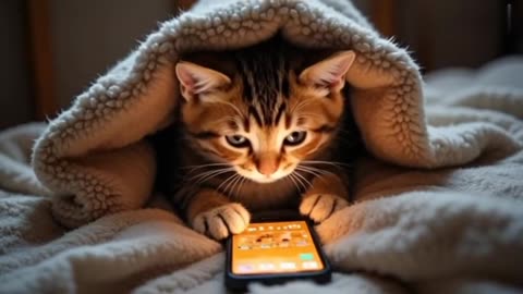 Cat Playing on Mobile under blanket in winter