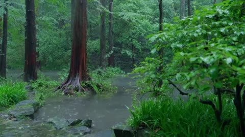 The beautiful mountain forest is raining