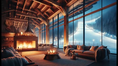 Cozy Ski Lodge Ambience: Crackling Fireplace & Snowfall Sounds for Relaxation and Sleep