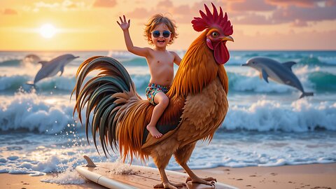 Cuteness Overload: Baby Surfing on a Rooster! 🐔🏄‍♂️🌟