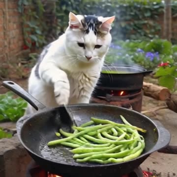 Funny moment of cat cooking vegetables video2025 skc.com 36