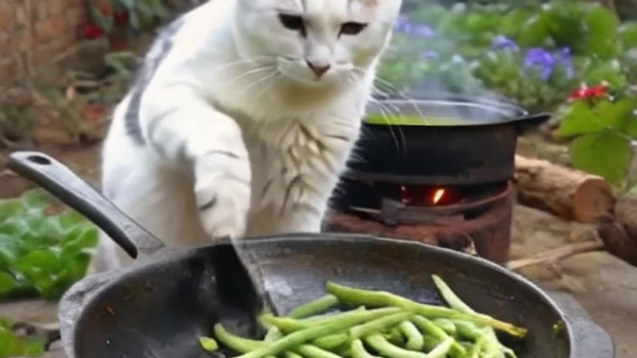 Funny moment of cat cooking vegetables video2025 skc.com 36