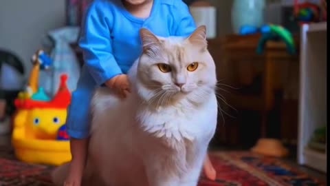 Cute baby sitting on cat