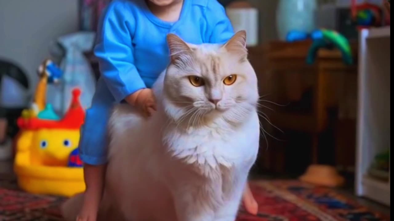 Cute baby sitting on cat