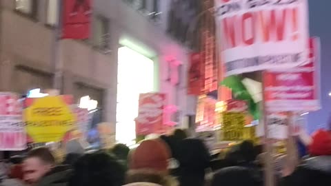 "SAQUEN LAS MANOS DE PALESTINA" dicen manifestantes en Nueva York.