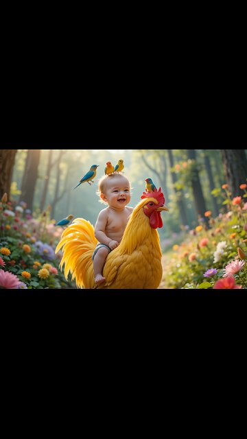 Cuteness Unleashed: Baby Rides Rooster Surrounded by Birds!