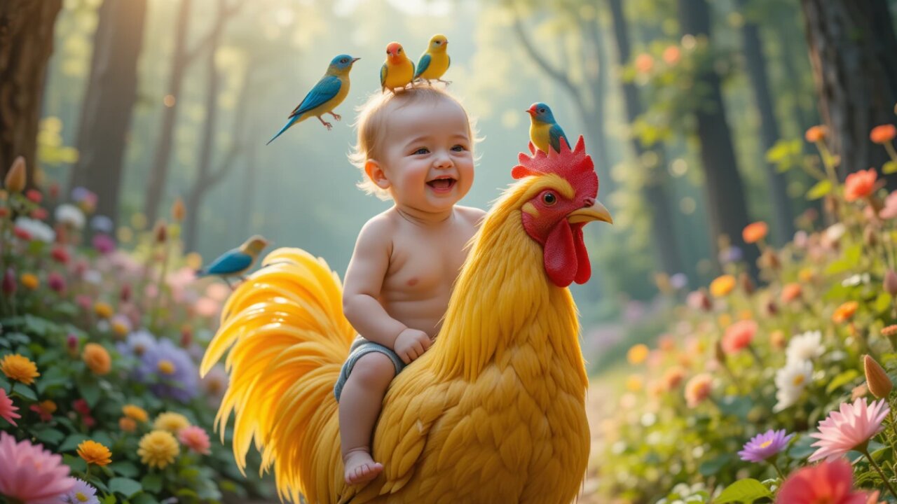 Cuteness Unleashed: Baby Rides Rooster Surrounded by Birds!