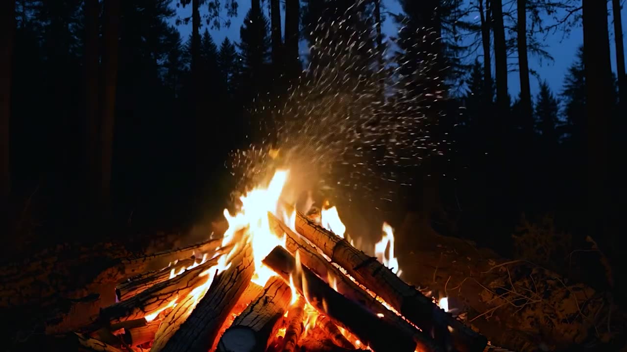 Nighttime Thunderstorm Haven : Relaxing CampFire with Burning Logs and Crackling Sound in Cozy
