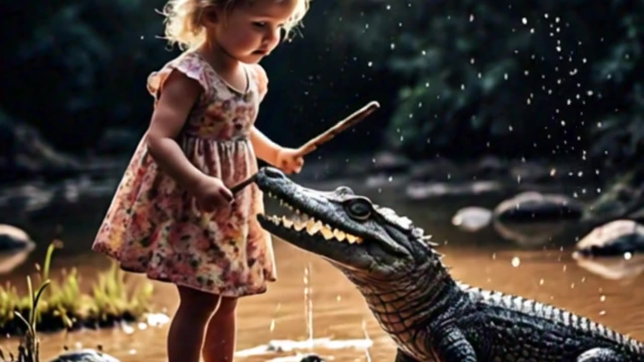A daring 3-year-old girl in a vibrant floral frock standing her ground with a stick in hand