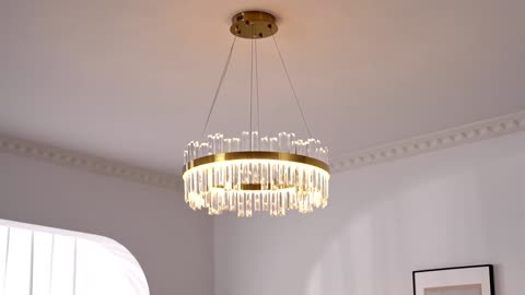 Elegant 23.6'' gold LED crystal chandelier, adjustable height, and remote control