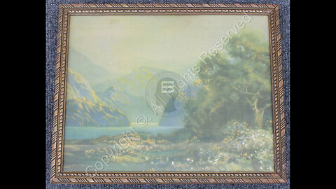 Antique 10 3/4" X 8 13/16" Wood Framed Print of Mountain Stream / Lake