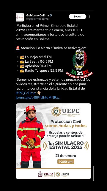 #Colima el próximo Martes 21 de Enero a las 10:00 am se llevará acabó el #PrimerSimulacroEstatal2025