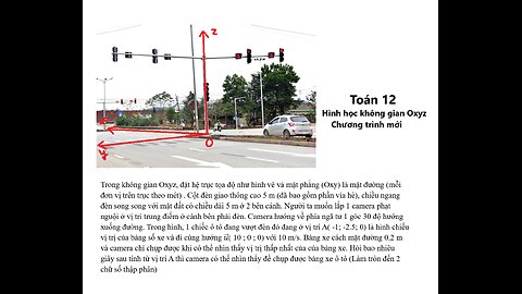 Toán 12: Trong không gian Oxyz, đặt hệ trục tọa độ như hình vẽ và mặt phẳng (Oxy) là mặt đường