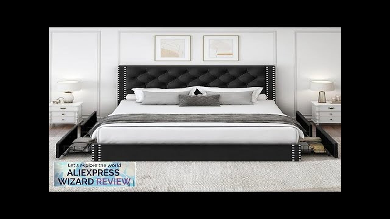 Queen Size Upholstered Bed Frame with Storage Velvet Platform Tufted Bed Frame Review