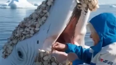 The old woman helped a white whale remove the clams from the whale's body