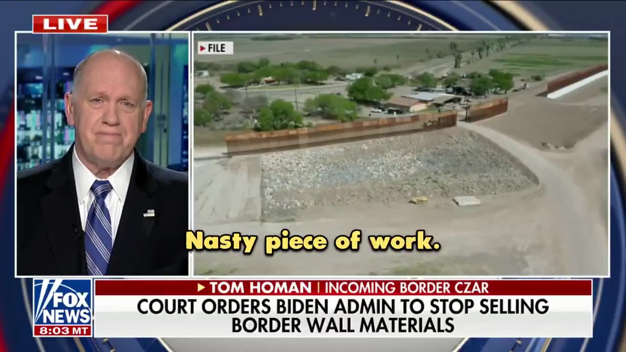 Tom Homan: Biden's sale of the border wall has been stopped.