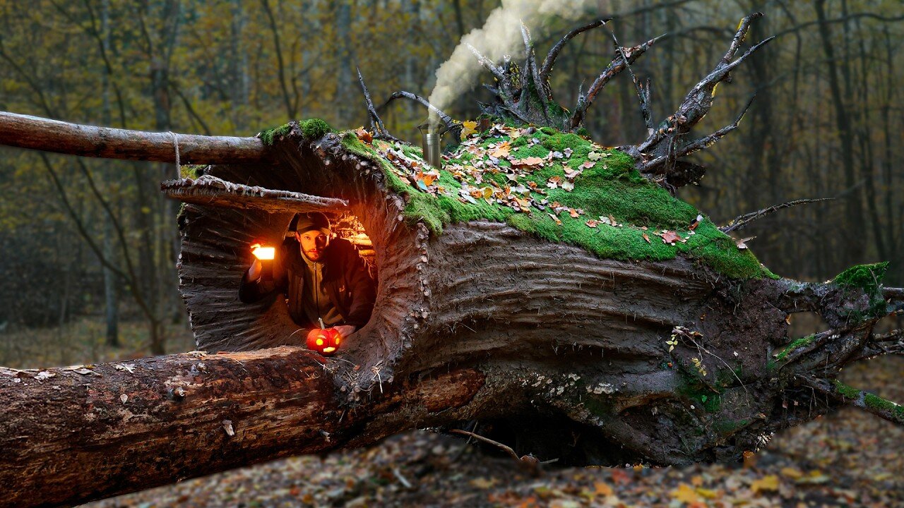 Building a Warm and Cozy Hollow for Survival, in the root of a fallen spruce. Secret cave, Bushcraft