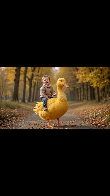 Adorable Girl on a Duck in a Magical Fall Setting