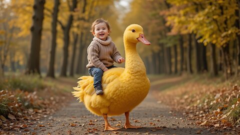 Adorable Girl on a Duck in a Magical Fall Setting