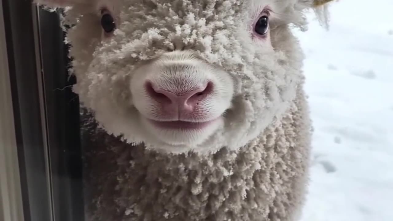 "The little lamb in the snow wants to come inside and play with me; It's smiling so beautifully."