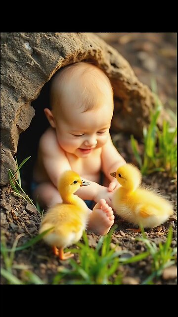 Cute baby playing with chicks 🐥