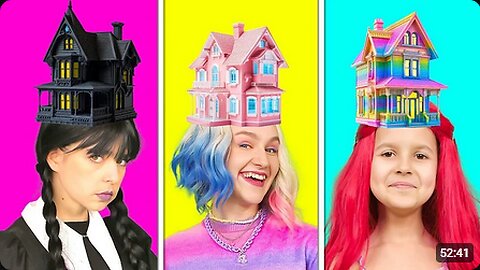 Wednesday vs Enid vs Mermaid - One Colored House Challenge! Funny Relatable Situations