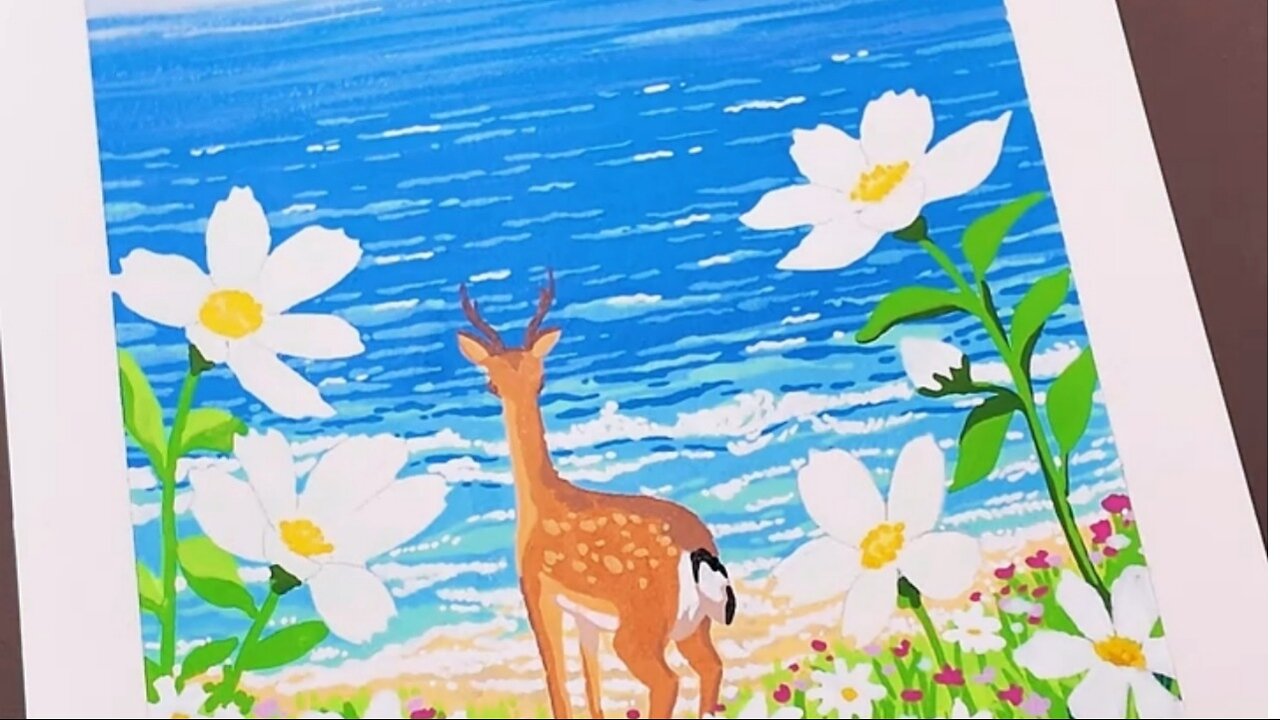 Acrylic marker hand-painted facing the sea with spring flowers blooming, let's draw together